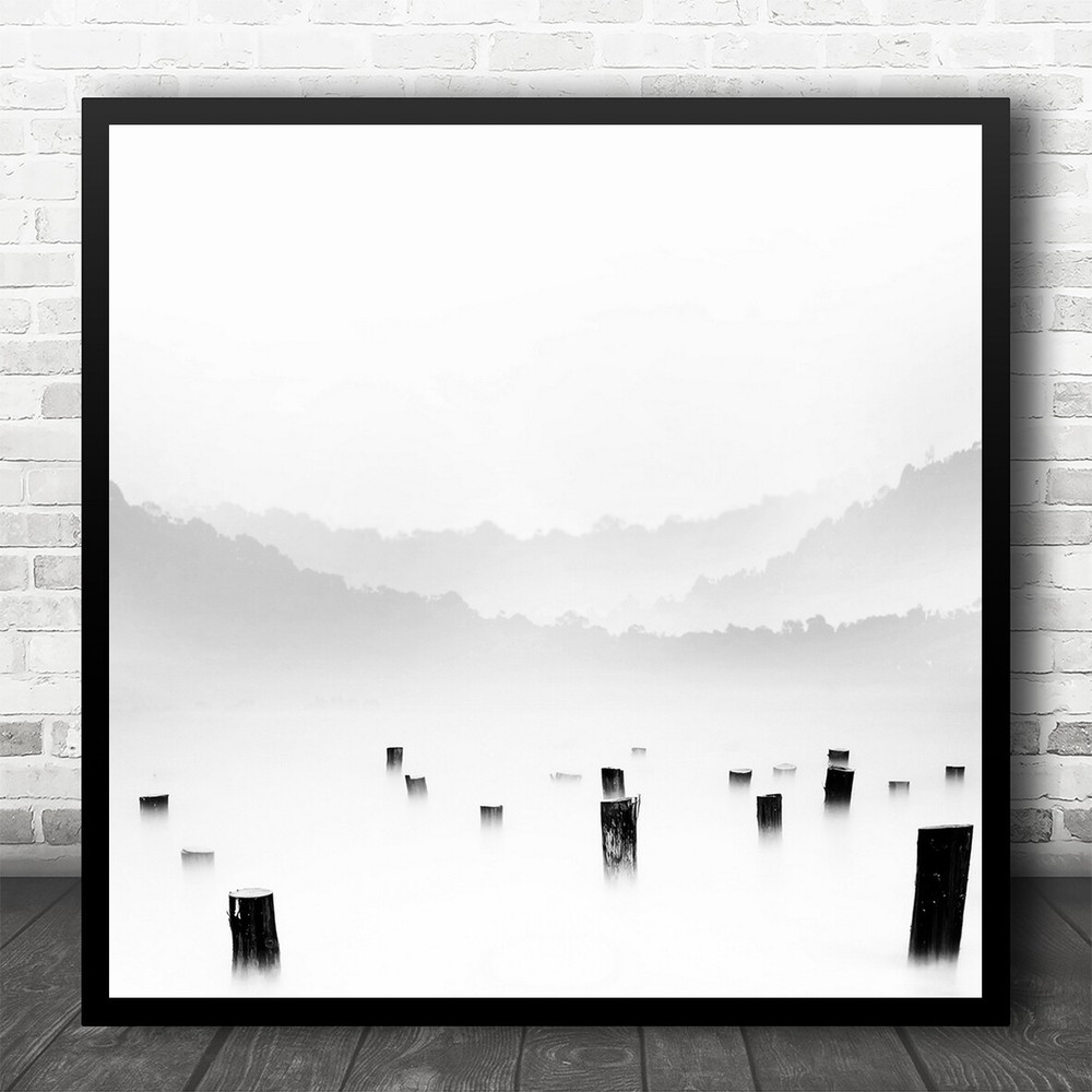 Black and White Square Landscape Wall Art with Misty Fog Layers