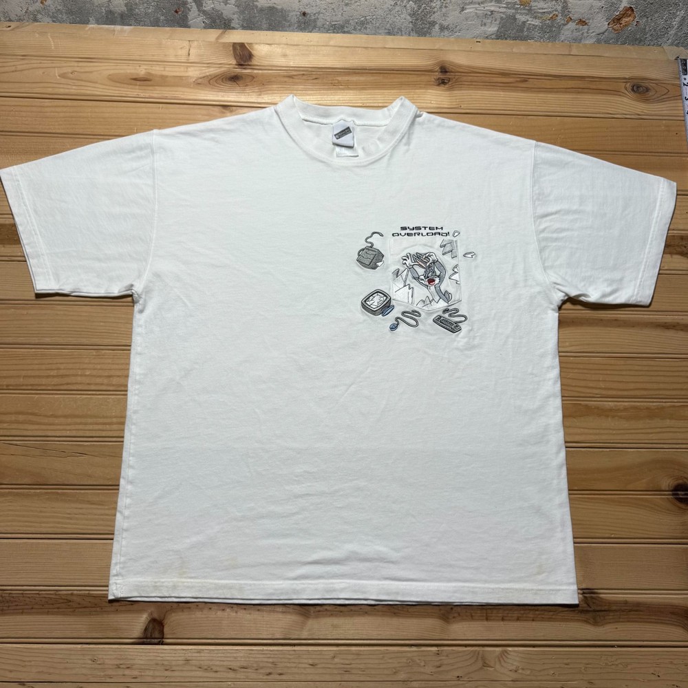 Vintage Y2K Warner Bros Bugs Bunny System Overload Embroidered Pocket T-Shirt XL