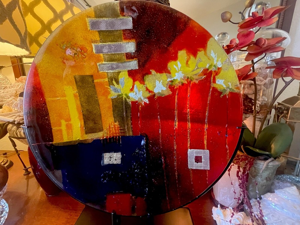 Jasmine Glass Abstract Art Fused Art Glass Round Platter  With Display Stand-image