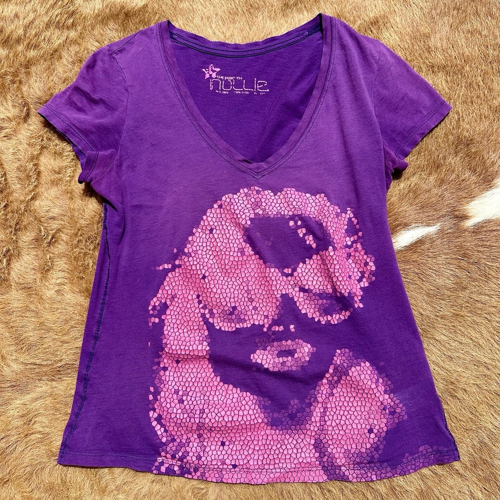 Vintage 90s Y2K Face Model Tee Shirt Thin Graphic Miss Sixty Style Purple V Neck