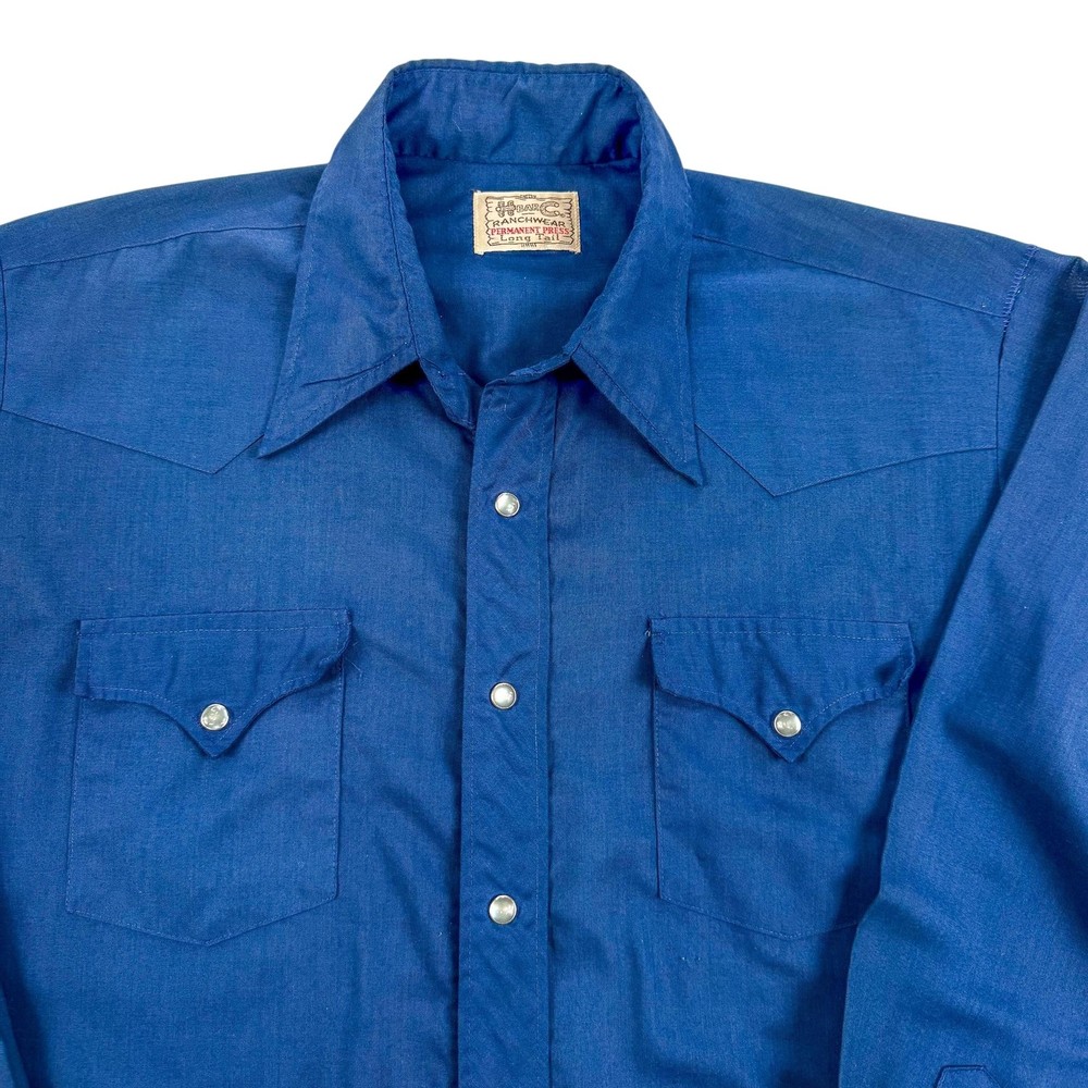 Vintage H Bar C Shirt Mens Large Blue Solid Western Pearl Snap Ranchwear Cowboy