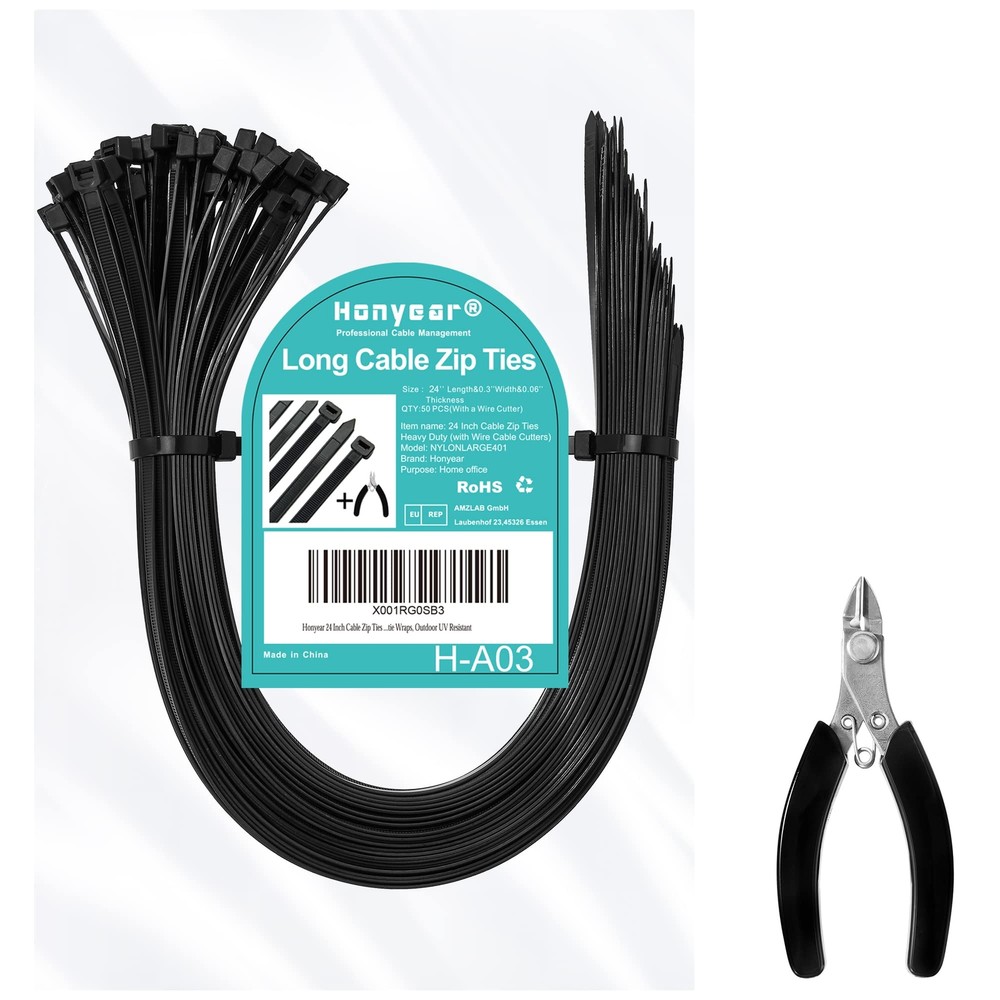 Honyear 24 Inch Cable Zip Ties Heavy Duty (with Wire Cable Cutters), Strong L...
