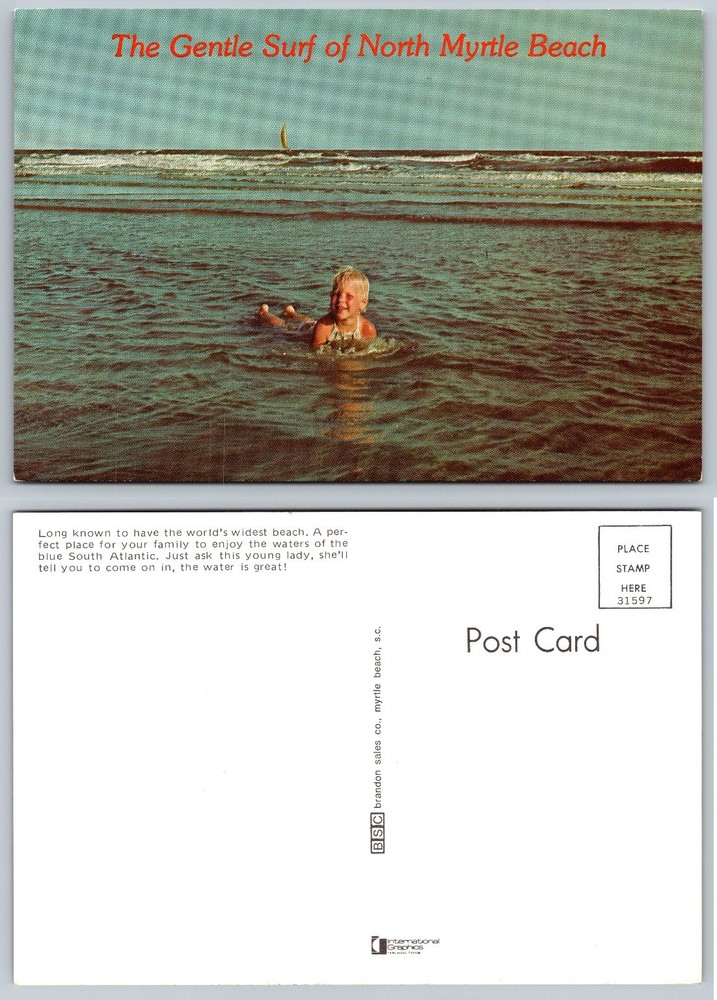 North Myrtle Beach SC Vintage Postcard Child Swimming Ocean Sailboat Chrome