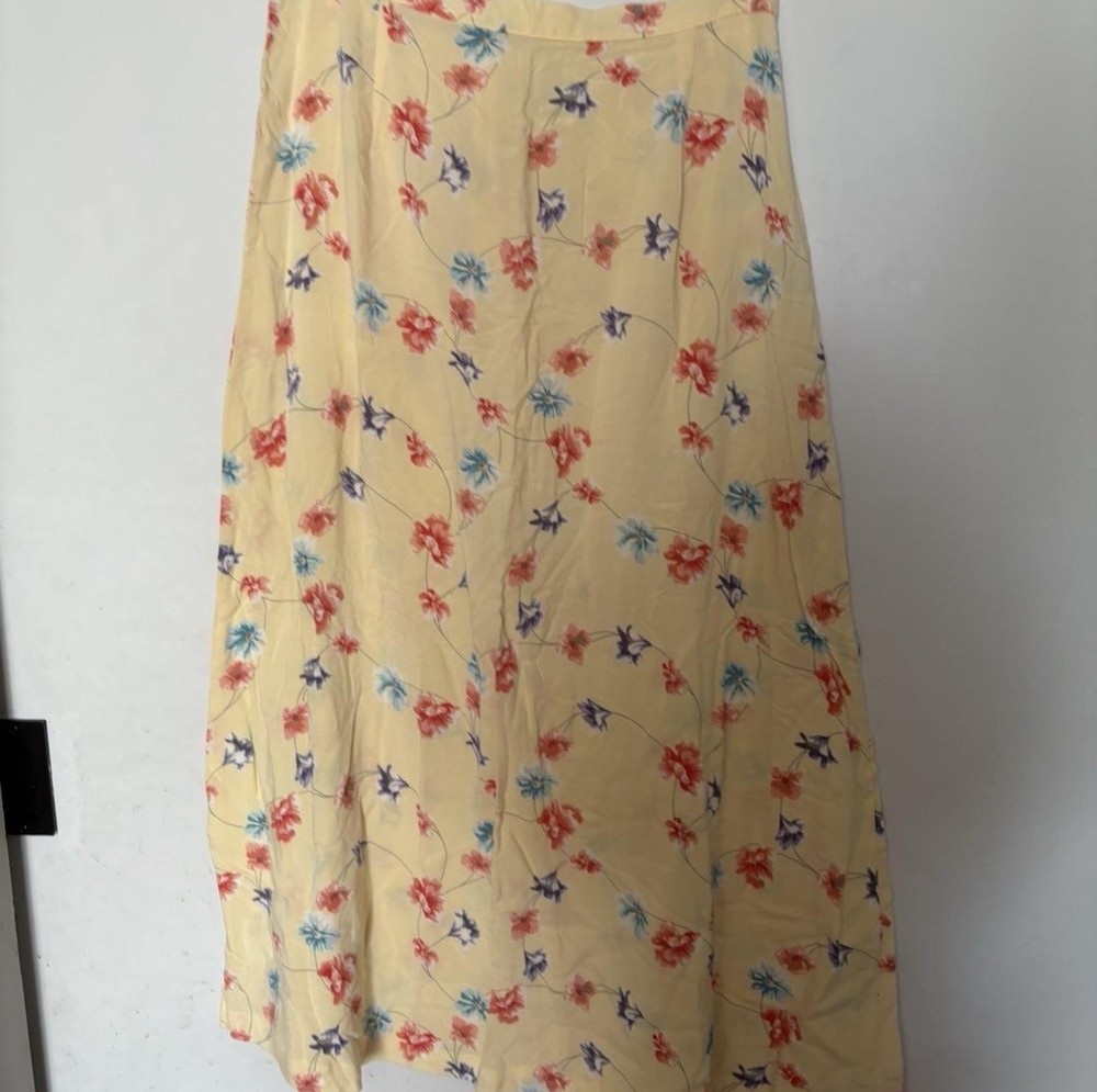Vintage Butter Yellow Flowy Floral Midi Skirt Size Small Prairie Cottagecore 90s