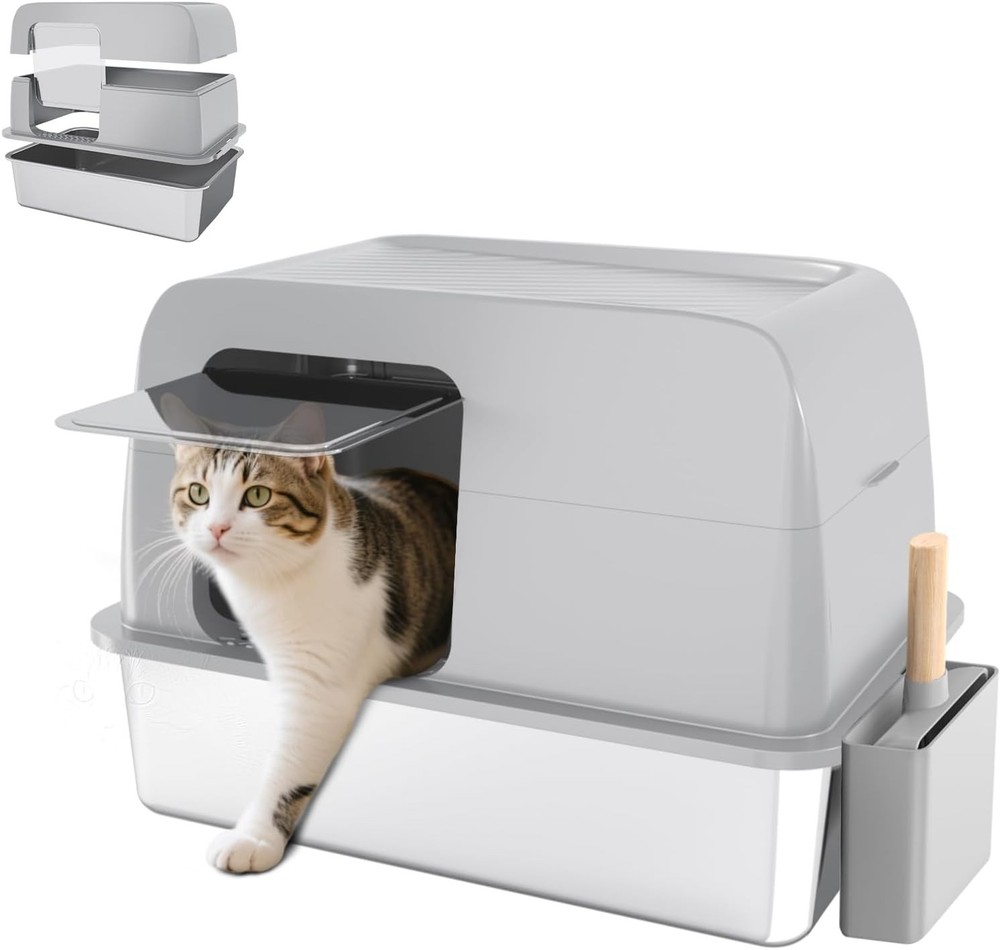XL Stainless Steel Litter Box with Lid, Extra Large Enclosed Cat Litter Box for