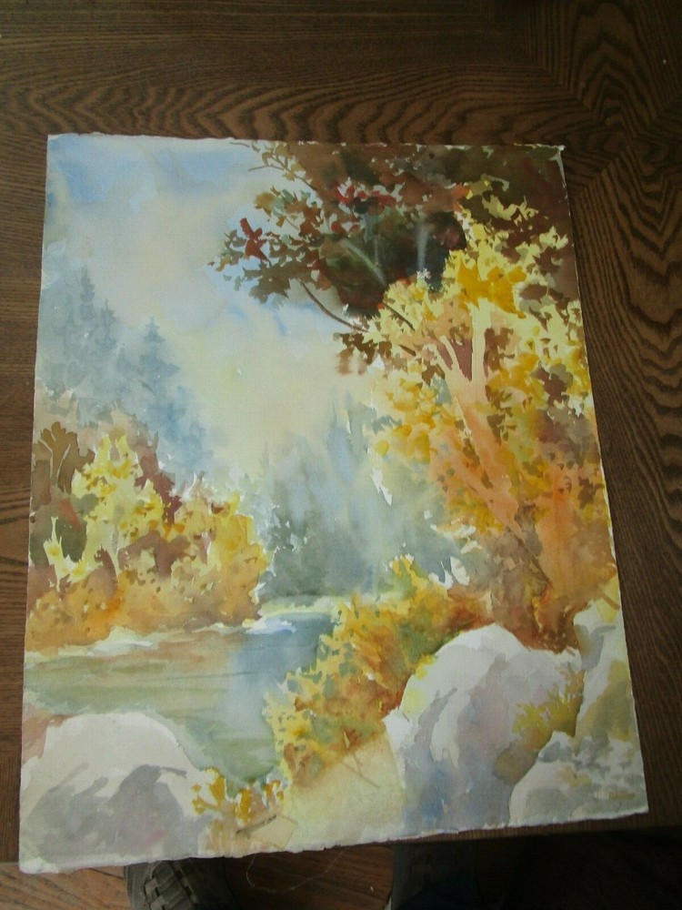 Original Watercolors By Peg Humphreys,Pretty Lake Scene & Distant Town 16