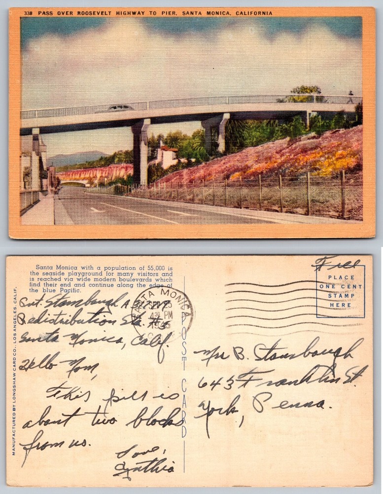 Vintage 1935 Santa Monica CA Roosevelt Highway Pier Linen Postcard Posted