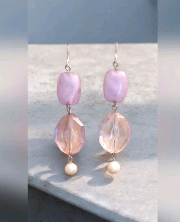 Elegant Vintage Pink and Gold Dangle Earrings Faux Pearl 925 Sterling Silver