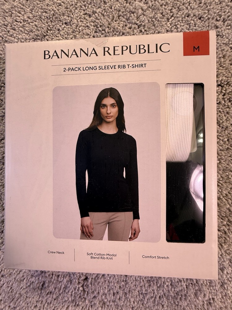 Banana Republic Women's 2-Pack Long Sleeve Rib T-Shirt, Black/White, Size M