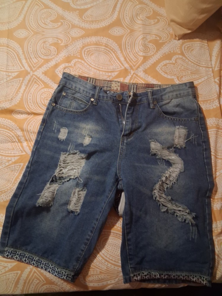 Distressed Denim Bermuda Shorts Blue Men's Casual 5-Pocket Medium Wash