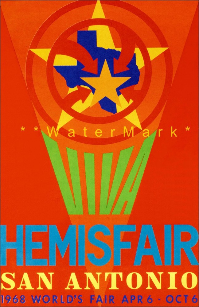 1968 San Antonio Hemisfair Vintage World's Fair Poster Texas Travel Souvenir  
