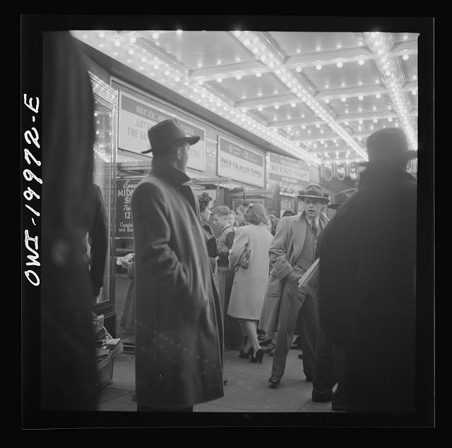 Photo:1930s Theater Marquee Crowds Men in Overcoats Night Street Scene