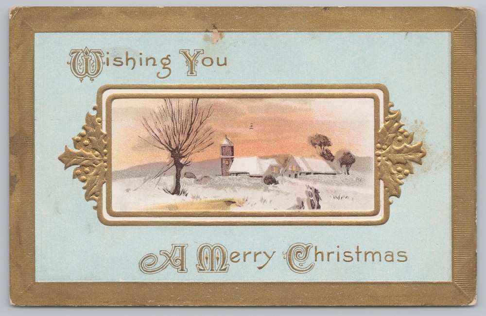 Wishing You A Merry Christmas~Gold Border~Winter Scene On Farm~Vintage Postcard