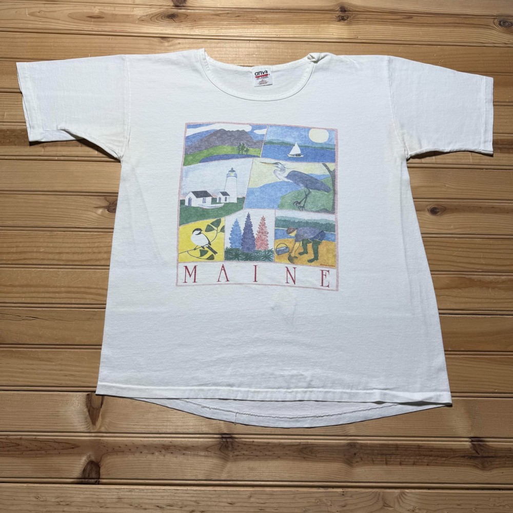 Vintage 90s Maine Lighthouse Birds Nature Graphic Souvenir T-Shirt USA - Large