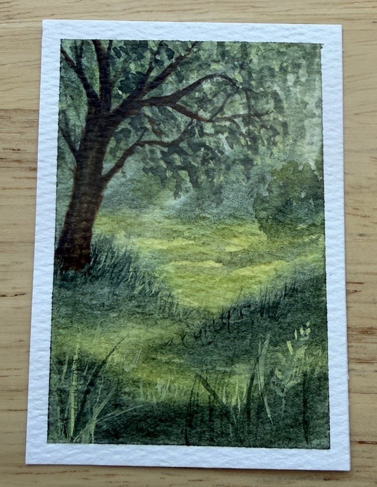 ACEO Original Card Watercolor  Painting landscape abstract forest path 2.5x3.5-image