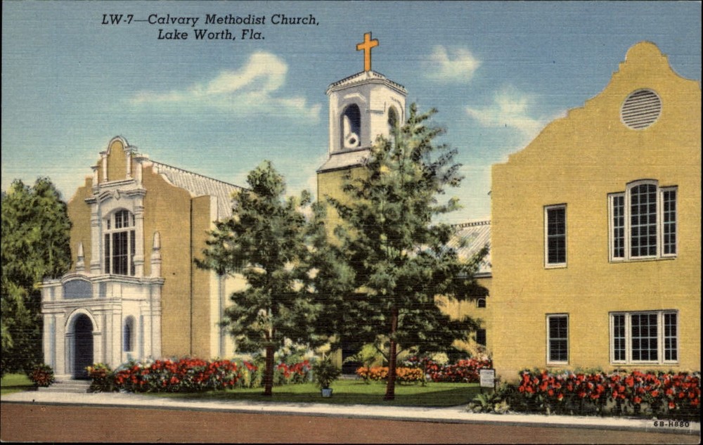 Calvary Methodist Church Lake Worth Florida cross ~ 1940s linen postcard