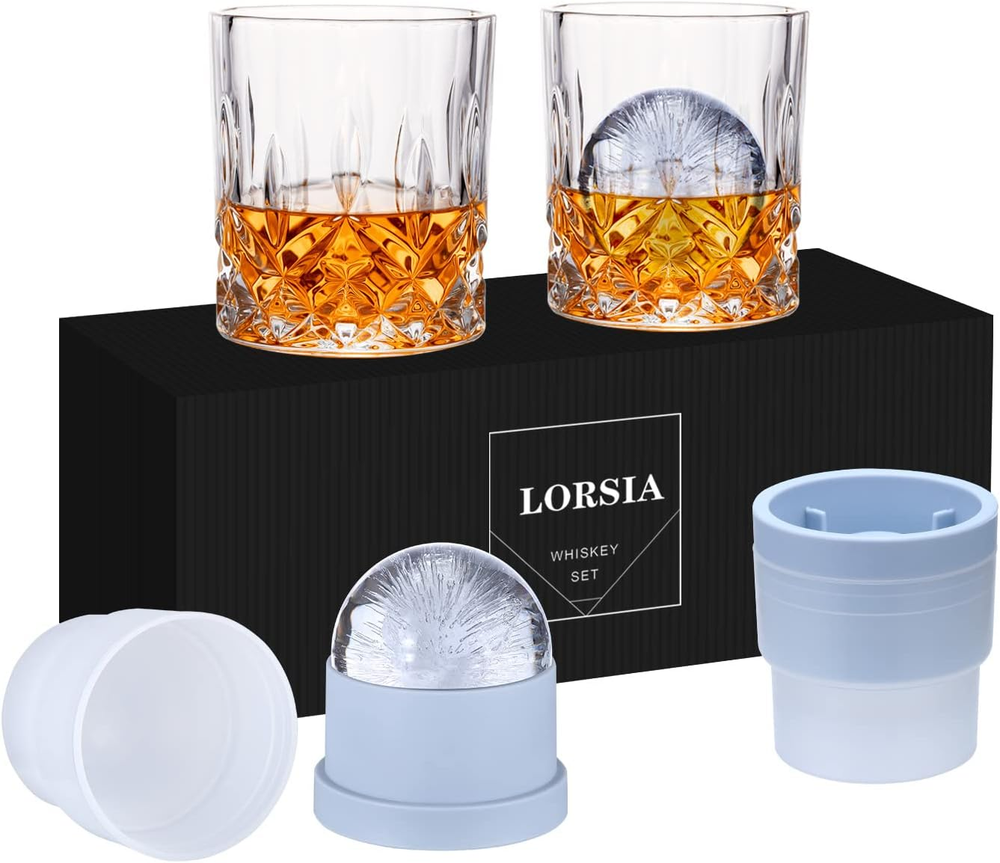Whiskey Rocks Glass, Set of 4 (2 Crystal Bourbon Glasses, 2 round Big Ice Ball M