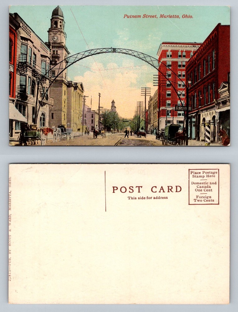 Marietta, OH-Ohio, Putnam Street Clock Tower Business District Vintage Postcard
