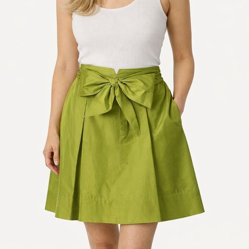 Y2K Trina Turk 100% Silk Bow Mini Skirt Chartreuse Green Size S