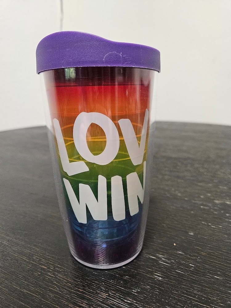 Tervis 16 oz Tumbler Love Wins with Purple Lid, Used