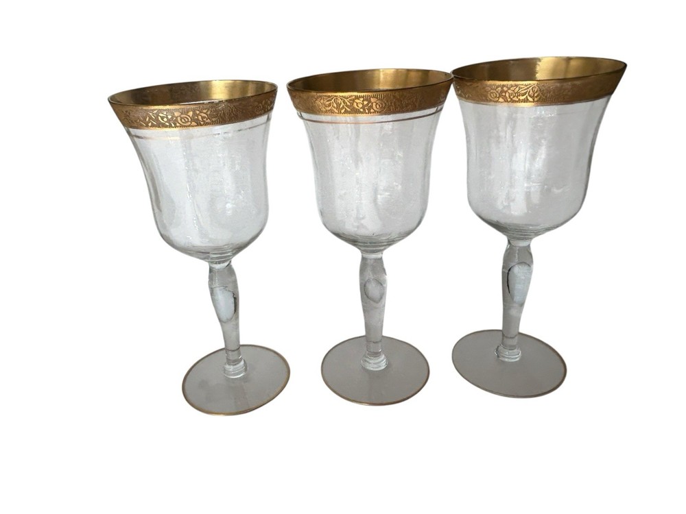 Tiffin Franciscan Crystal Gold Encrusted Band Set Of 3 Footed Glasses Classic