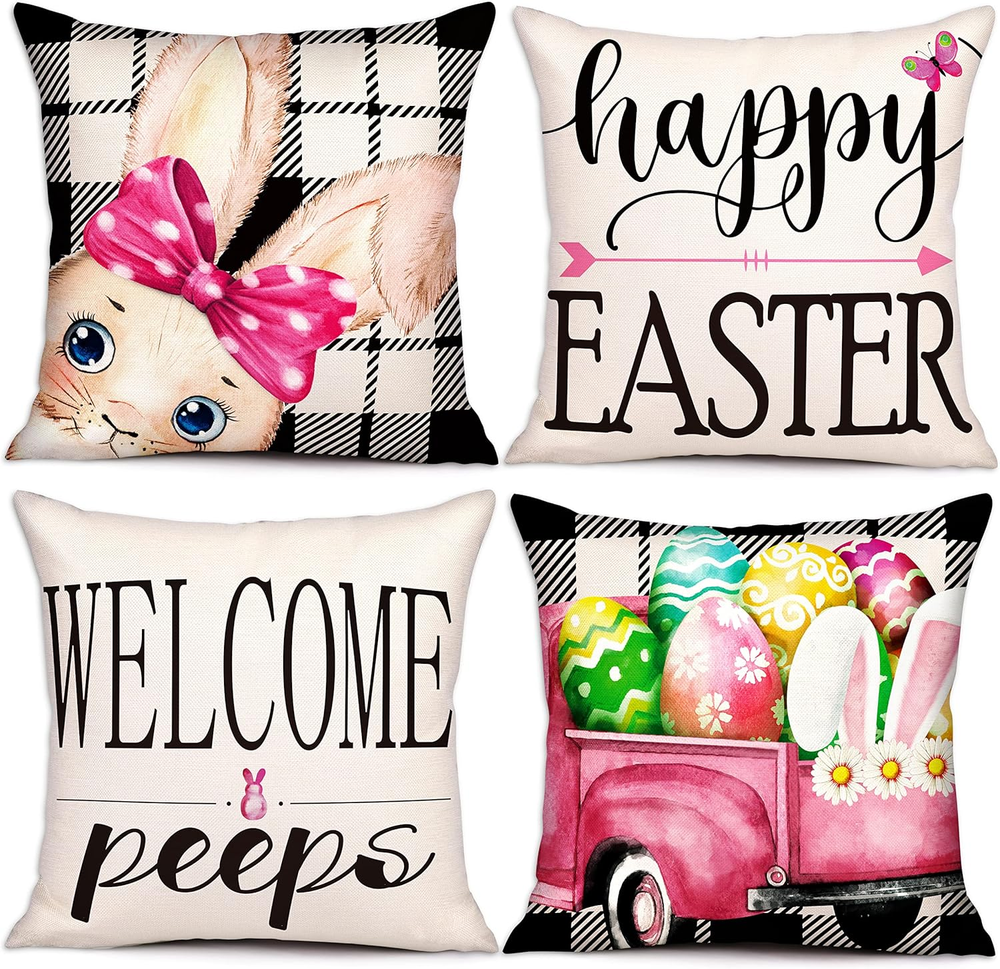 Easter Pillow Covers 18x18 Set of 4 Spring Decorative Throw Pillow Cases
