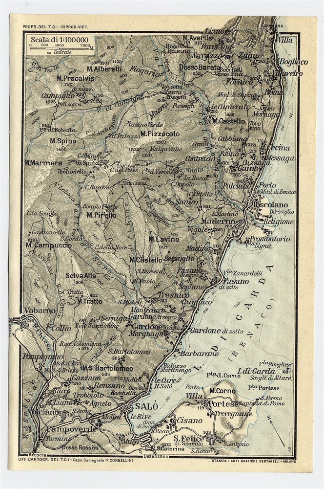 1927 Original Vintage Map Of Vicinity Of Salo Maderno Toscolano Lake Garda Italy