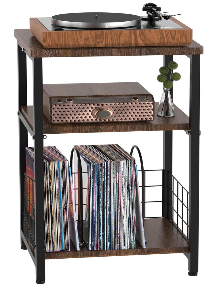 Record Player Stand, 3 Tier End Side Table with Vinyl Record Storage Basket, ...