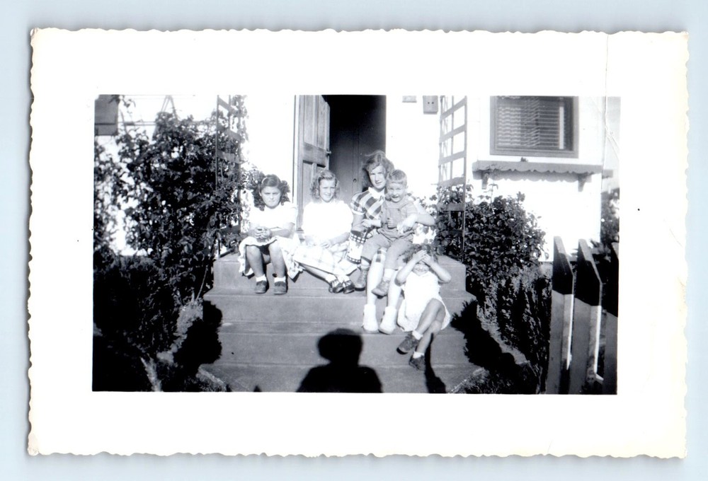 Old Vintage Photo BOY GIRLS SITTING OUTSIDE HOUSE SHADOW ON GROUND