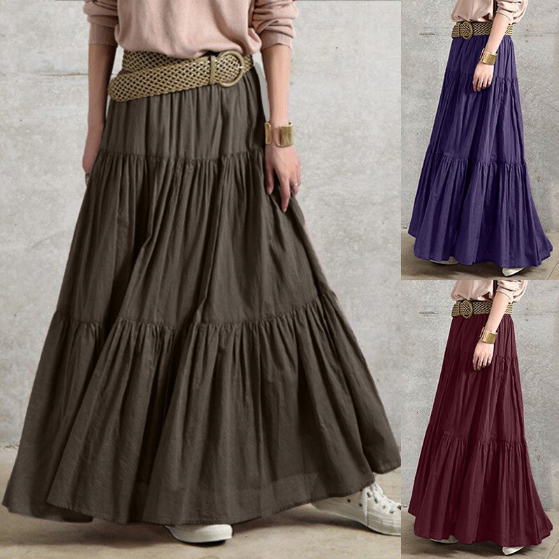 Vintage Maxi Pleated Swing Dress Loose Ruffle Plus Size