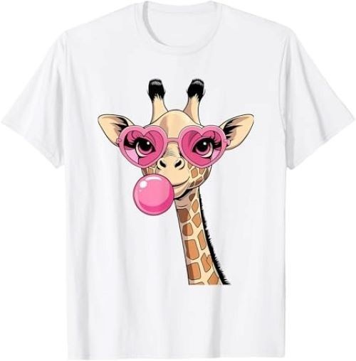 Funny Cute Giraffe with Pink Bubble Gum and Sunglasses T-Shirt