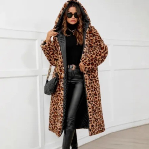Stylish Women’s Hooded Leopard Print Plush Faux Fur Long Winter Coat
