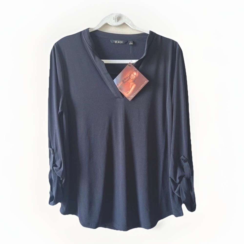 Iman Blouse Top Women L Black Global Chic Collection 3/4 Sleeve V-neck  NWT
