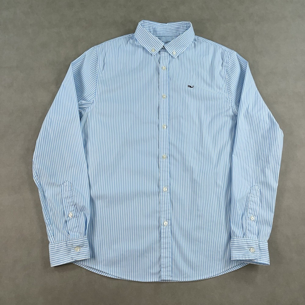 Vineyard Vines Shirt Boys Large Blue Striped On The Go Performance Button Up