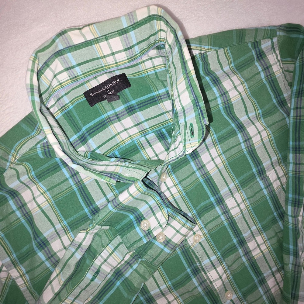 Banana Republic Mens Soft Wash Plaid Button Down Shirt Green Blue Large L Cotton