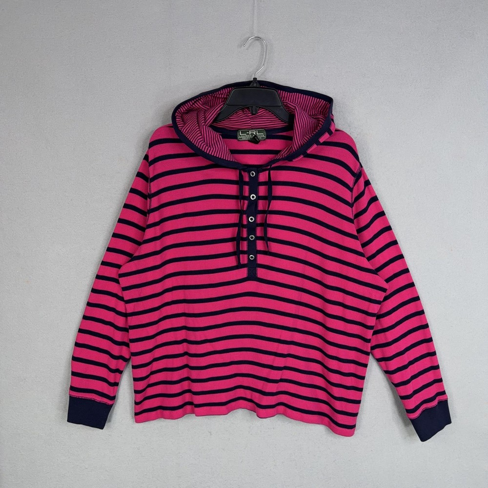 Ralph Lauren Hoodie Womens 3X Pink Stripe Henley Thermal Waffle Pullover LRL