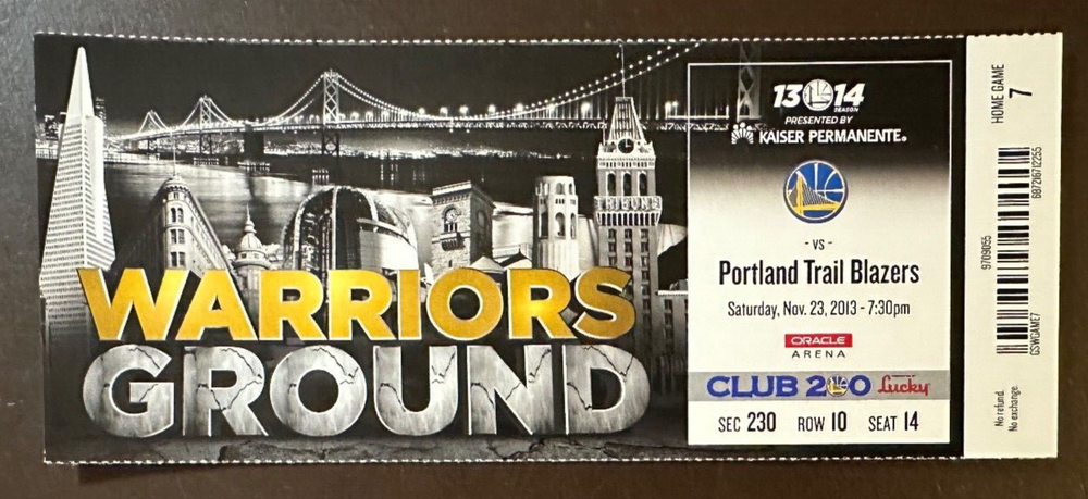 Golden State Warriors vs Portland Trail Blazers NBA ticket stub from November 23 2013
