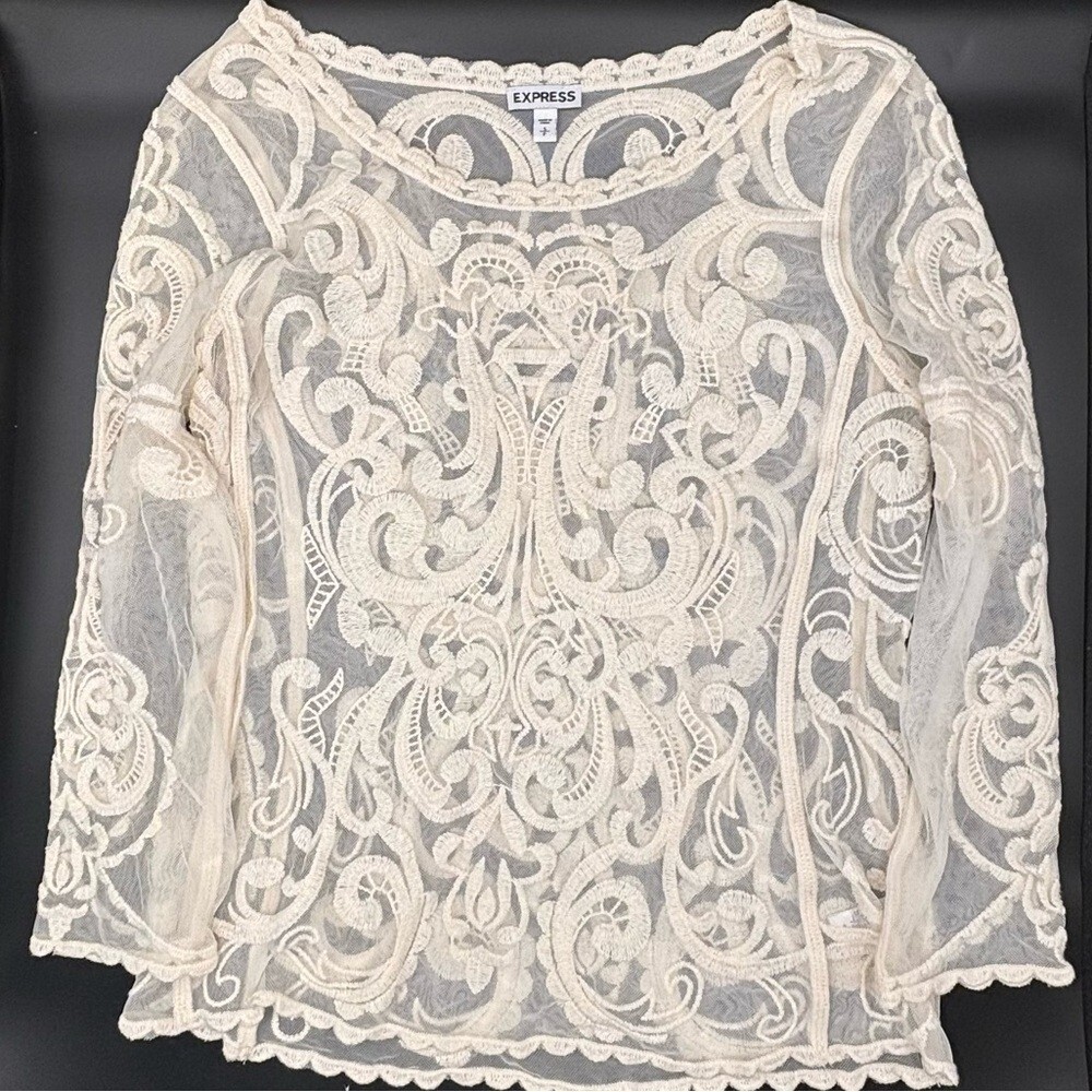 Express Women's Embroidered Top Shirt Ling Sleeve Sheer Cream Lace Petite Small