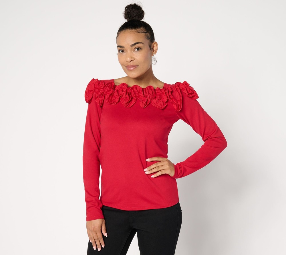 BEAUTIFUL by Lawrence Zarian Women's Top Sz S Silky Ponte Rosette Red A630468