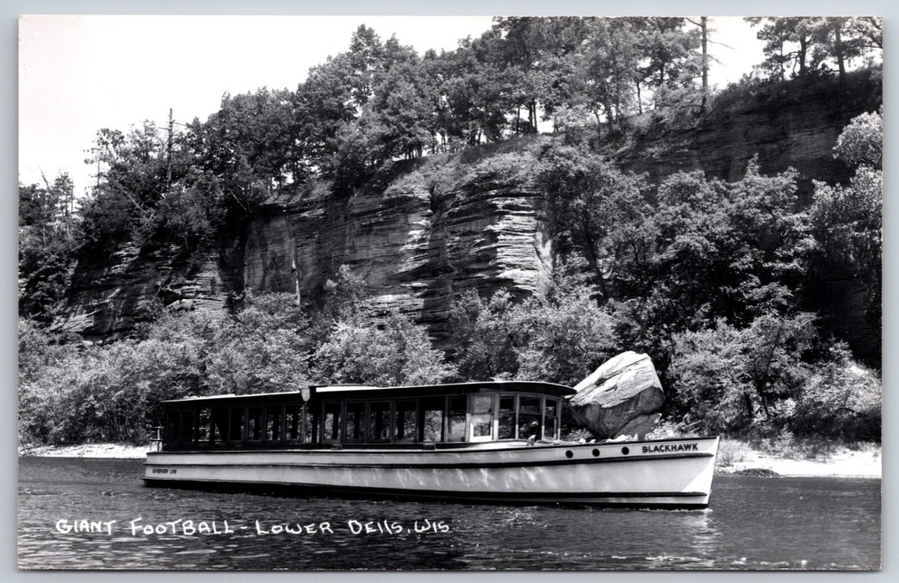 RPPC~Lower Dells Wisconsin~Giant Football Rock & Tour Boat~Real Photo Postcard