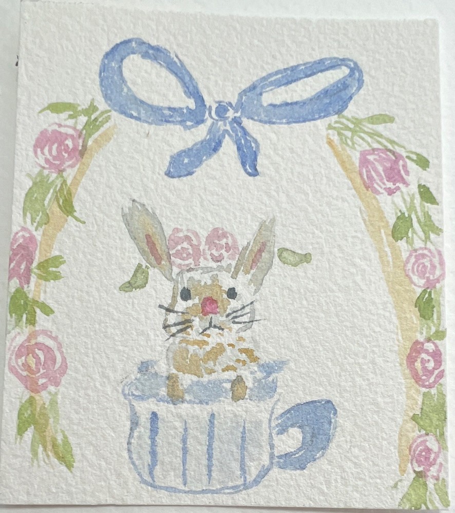 ACEO Original Watercolor Drawing Rabbit in Cup Floral Arch Blue Ribbon Art