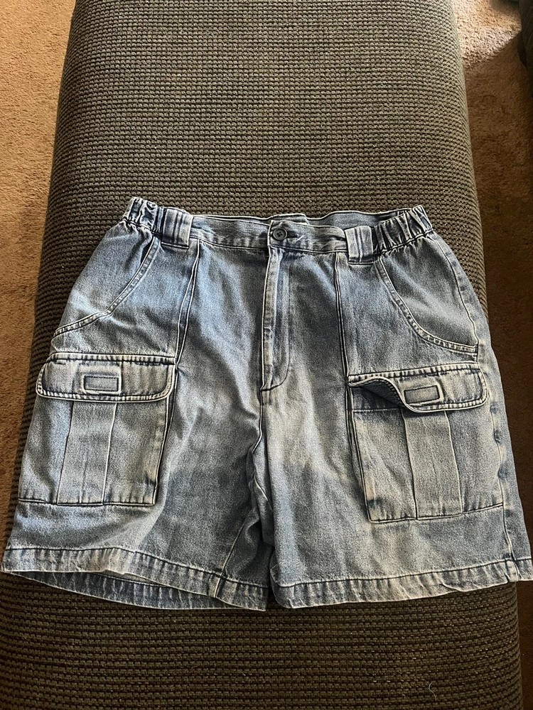 Savane Mens Cargo Shorts Light Wash Denim Size 36 Utility Pockets Casual