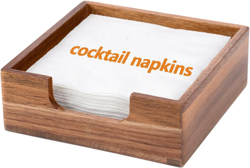 Acacia Cocktail Napkin Holder for Table, Wooden Napkin Holder, Flat Square Bever