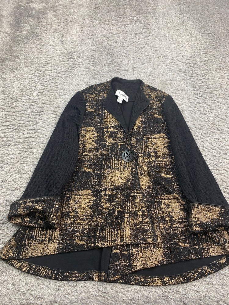 Joseph Ribkoff Jacket Women 12 Asymmetric Metallic Gold Geometric Artsy Cardigan