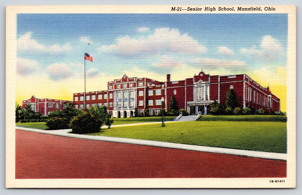 Mansfield Ohio~Senior High School Building~Vintage Linen Postcard