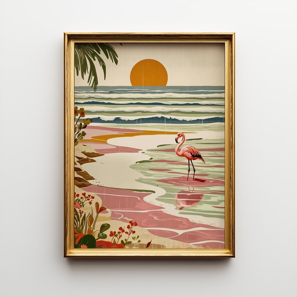 Flamingo Beach Poster, Tropical Sunset Ocean Wall Art, Retro Coastal Decor Print