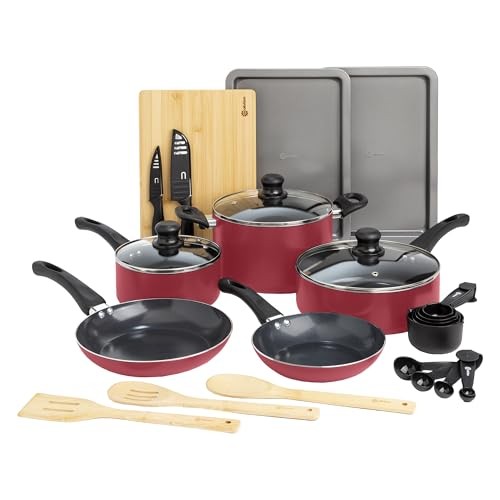 Easy Clean Ceramic Nonstick Cookware Set, Dishwasher Safe Kitchen 26-Piece Red