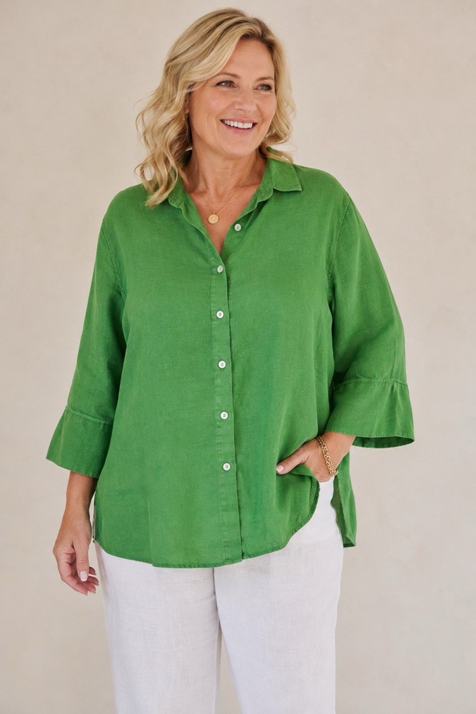 Chico’s Linen Button Front Blouse Womens 3.5 XL Green Relaxed 3/4 Sleeve Top