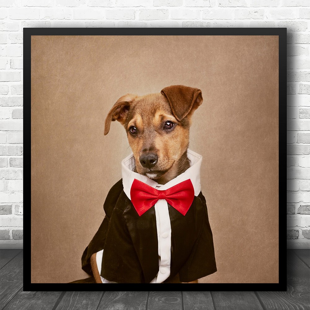 Portrait Black Bowtie Cute Dog Fashion Fine art Square Wall Art Print