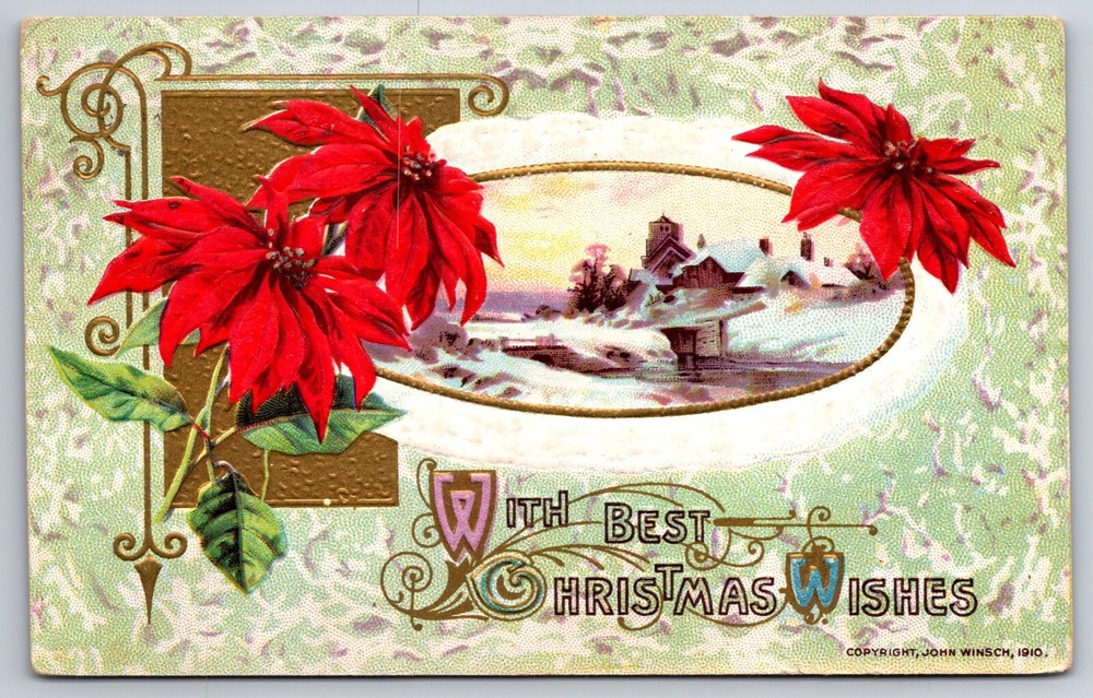Christmas Wishes~Poinsettia Flowers & Winter Town Bridge~PM 1912~Winsch Postcard